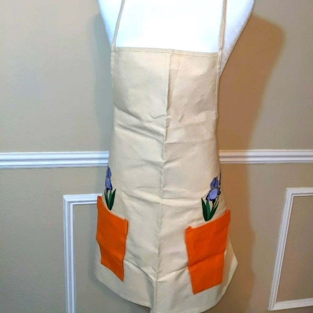Embroidered irises in planter pockets apron OOAK